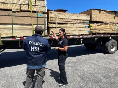 HSI Special Agent Lyndon George and CBP’s Deputy FP&F Officer Amelia Castelli with plywood pallets in the background.
