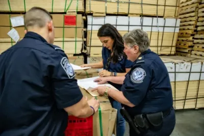 Anthony Manfre, Nilda Aquilino, and Amelia Castelli reviewing documents at a Florida warehouse where the plywood is stored.