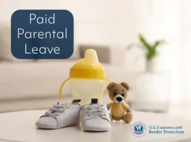 Baby shoes, bottle, and toy. Text reads "Paid parental leave"