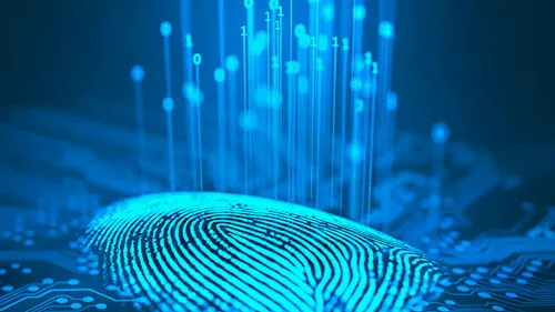 Blue fingerprint surrounded by white, wispy lines and binary code.