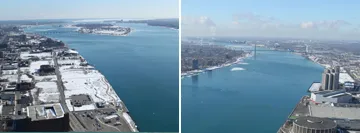 (Left Image): Looking north from Detroit towards Belle Isle, MI. (Right Image): Looking south from Renaissance Center in Detroit.