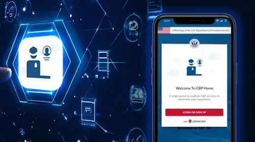 Digital Background with a finger pressing a button and a cellphone showing the CBP Home App.